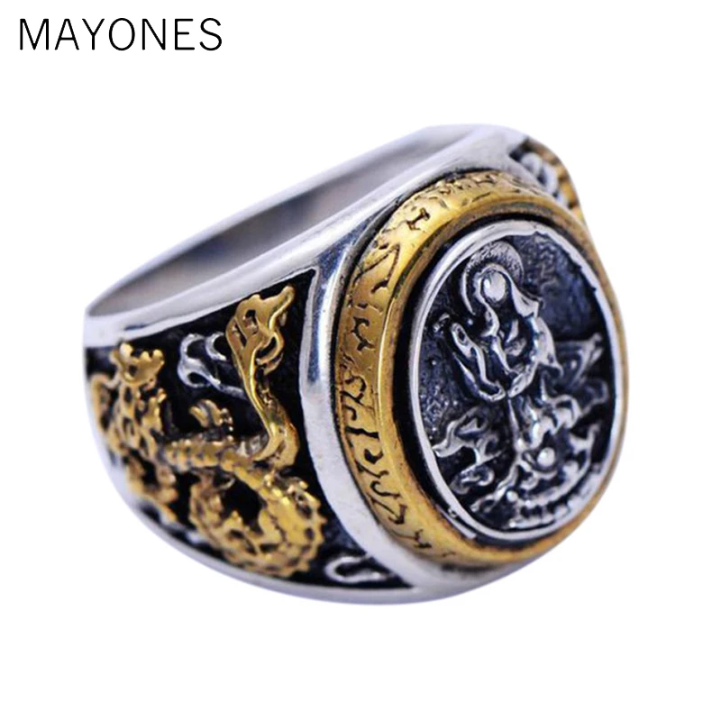 Real 925 Sterling Silver Buddha Figure Guanyin Carving Lotus Dragon Pure Gold Color Special Handmade Vintage Rings For Men