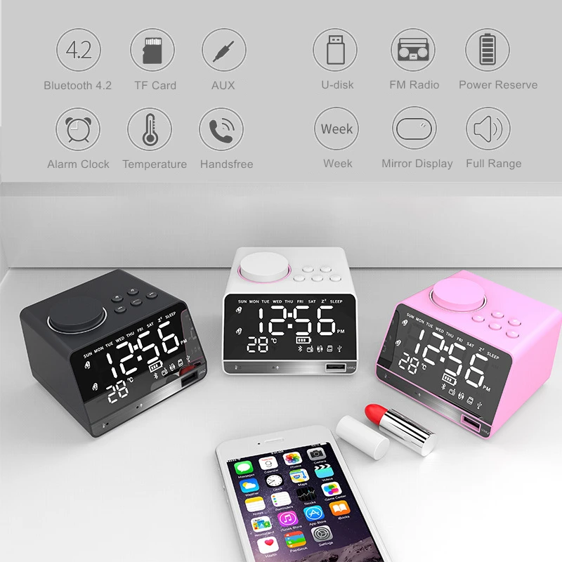 EXRIZU-알람 시계 및 블루투스 스피커 TF 카드 U-디스크 AUX 디지털 미러 디스플레이, FM 라디오베이스 서브 우퍼 사운드 무선 스피커