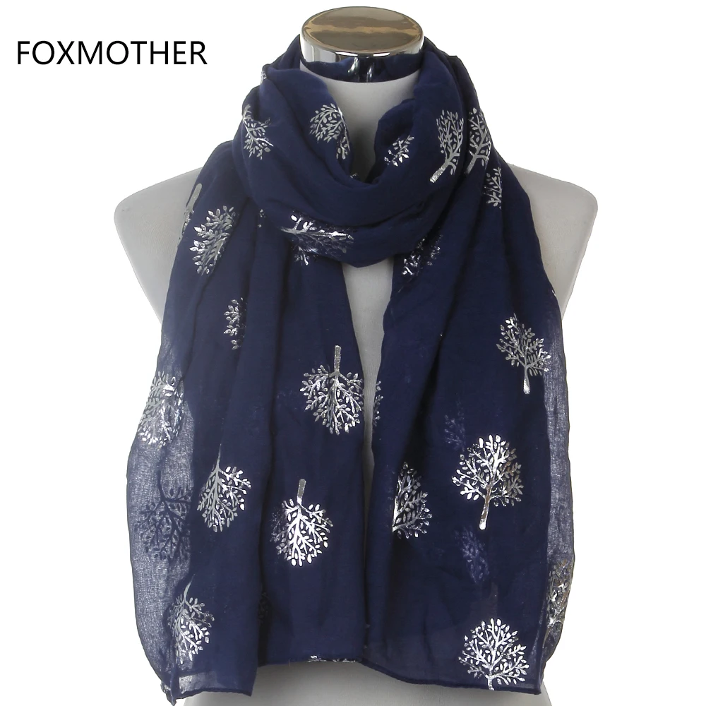 Dropshipping 2021 New Spring Summer Fashion Ladies White Navy Bronzing Silver Metallic Tree Glitter Scarf Scarves Gifts