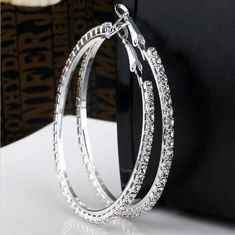 Brand New Design 5 Size Fashion Charm Austrian Crystal Hoop Earrings Geometric Round Shiny Rhinestone Big Earring Jewelry Women