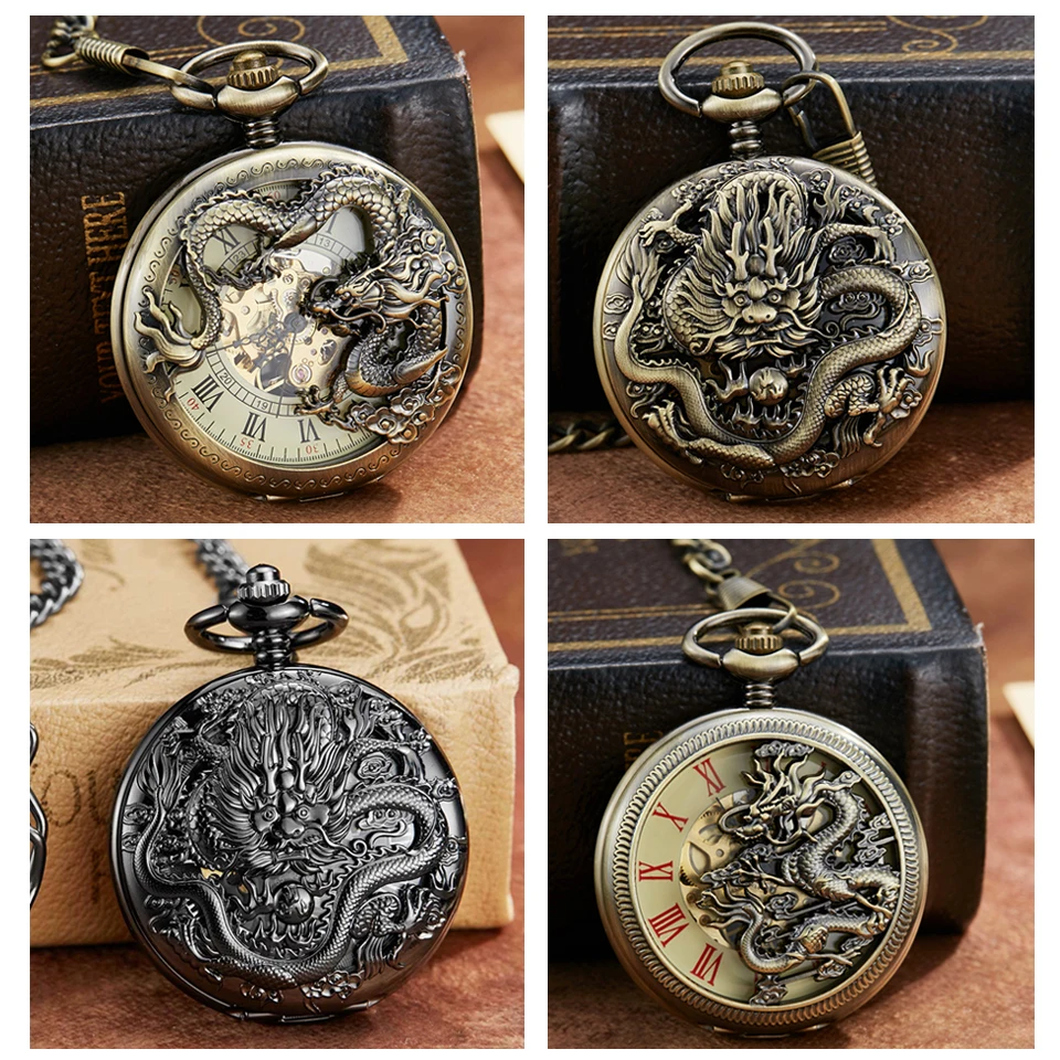 

Vintage Mechanical Pocket Watch with Chain Dragon Laser Engraved Hand Winding Pendant Clock Men Bronze Black Flip Fob Watches