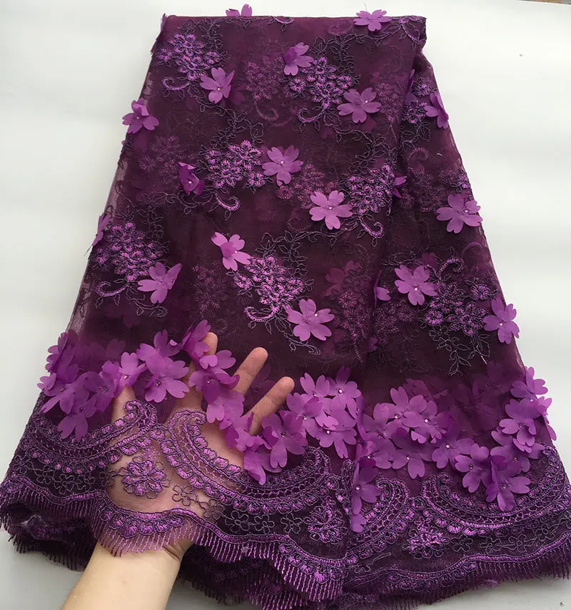 Soft purple 5 yards cord embroidery African french lace sewing tulle fabric sheer mesh lace with Appliques stones