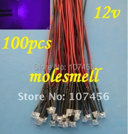 

Free shipping 100pcs 5mm Flat Top purple LED Lamp Light Set Pre-Wired 5mm 12V DC Wired 5mm 12v big/wide angle uv/purple led