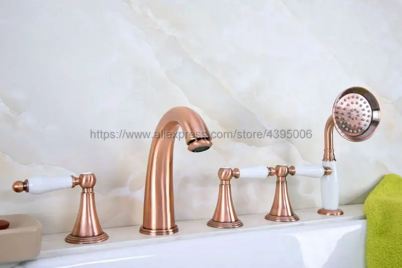 

Bathtub Faucet Ceramic handle 5 Hole Widespread Tub Sink Mixer Taps Red Copper Tub Faucet with Handshower Btf210