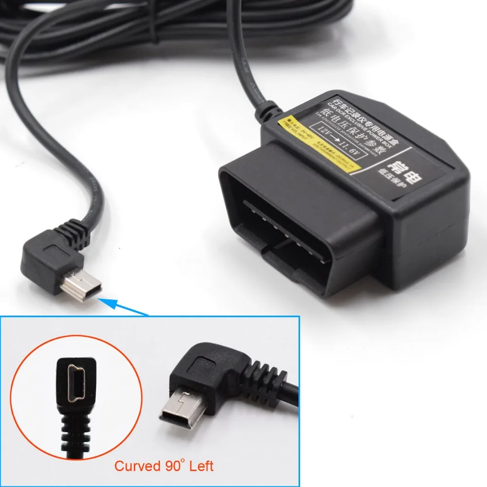 XCGaoon Car Charger OBD 16 Pin DC Converter Module 12V To 5V 2A with mini USB Cable (Curved) Low Voltage Protection, Cable 3.5m