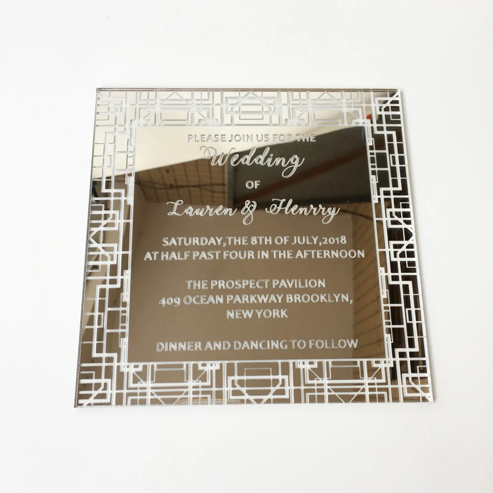 Customized 150x150mm Square Shape Silver Mirror Acrylic Wedding Invitation Card 100 Sets Per Lot