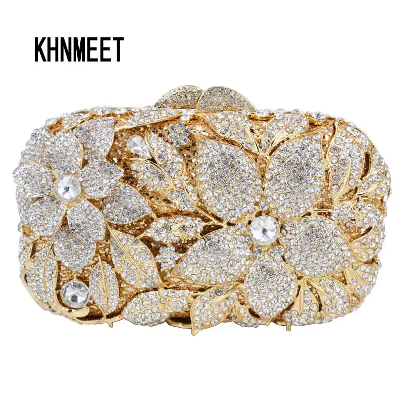 

KHNMEET Luxury Crystal Diamond Evening Clutch Bag Silver Champagne Flower Evening Bag Party Wedding Purse soiree pochette Purse