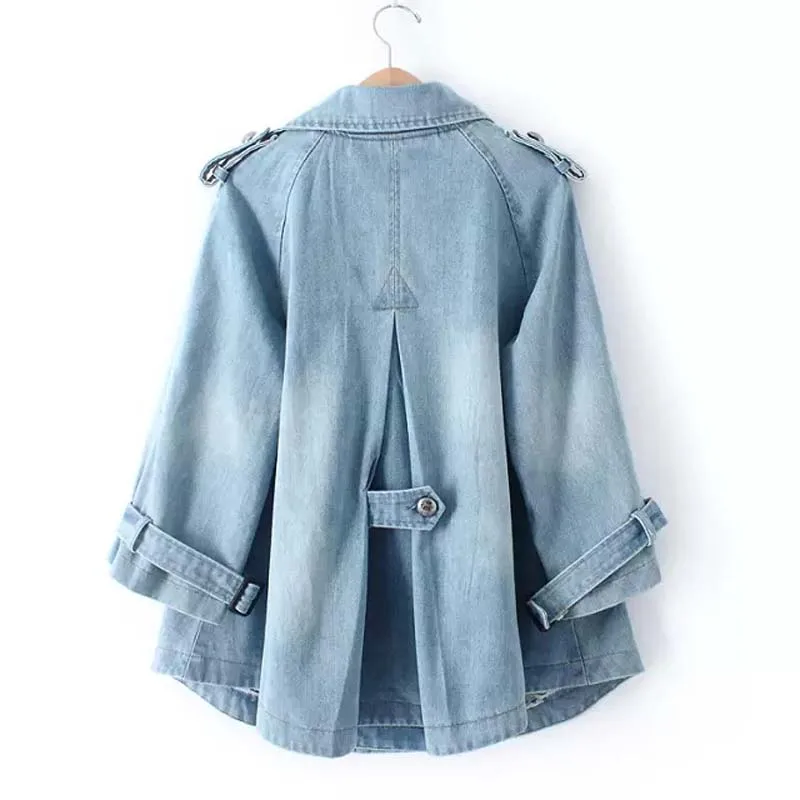 

Korean Loose Denim Cape Coat Female Jacket Double-Breasted Suit Colllar Big Size Women Windbreaker A-Line