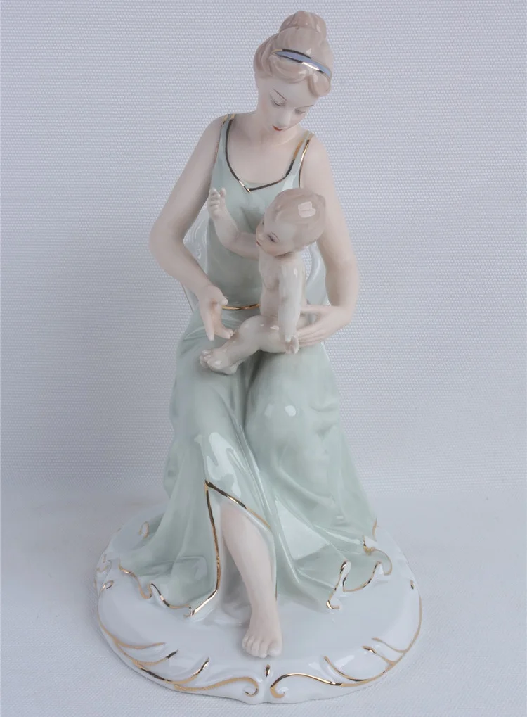 Porcelain Mother and Baby Sculpture Ceramic Maternal Love Statue Household Decoration Craft Gift for Mother's Day and Birthday