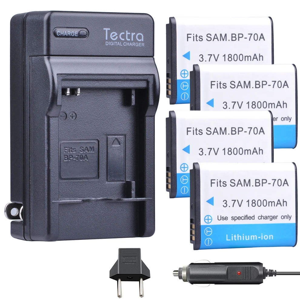 Tectra 4Pcs 1800mAh BP-70A Battery + Digital Charger for Samsung ST60 ST61 ST70 ST71 ES65 ES67 ES70 ES71 ES73 ES74 SL50 SL600