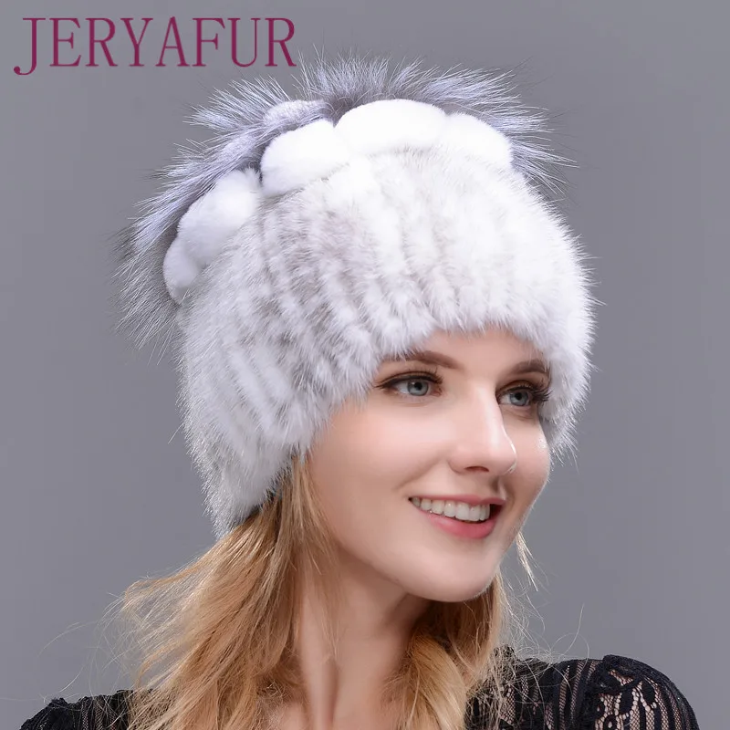 New Fashion Winter Warm Ear Cap Natural Imported Mink Fur Hat For Women Rabbit Fur Petal And flower On The Top Mix With Fox Fur