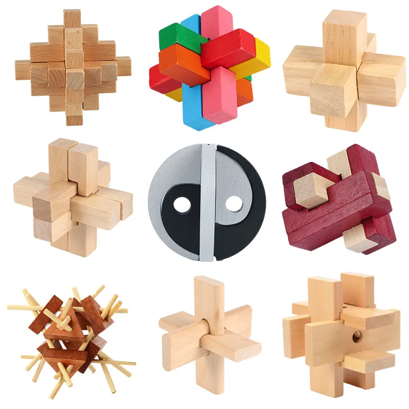 Funny Toy IQ Brain Teaser Kong Ming Lock Wooden Interlocking Burr 3D Puzzles Game Toy For Adults Kids Education Exercise think