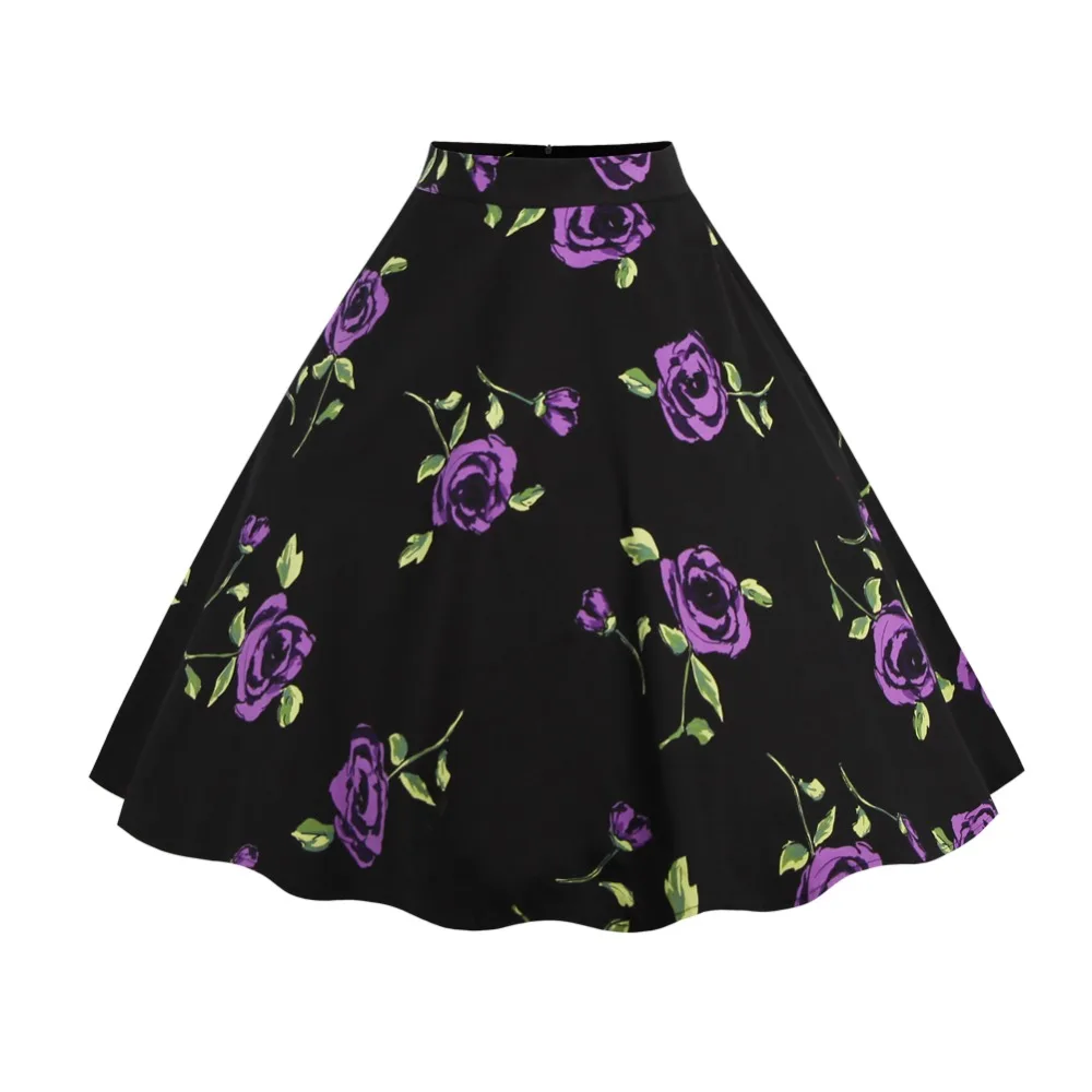 Elegan Bunga Cetak Musim Panas Seksi Wanita Rok Perempuan Bunga Lipit Hitam Merah Pin Up Tinggi Pinggang 50 S 60 S rockabilly Rok Vintage