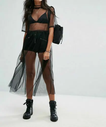 New Fashion Women Sexy Black See-through Mesh Long Tops Ladies Summer Short Sleeve Sheer Tulle Lace Long T Shirts