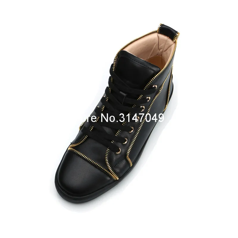 Lace Up Mens Shoes Casual Luxury Shoes Men Gold Zipper Bordered Mens Black High Tops Sneakers Spring Autumn Mens Moccasins Shoes