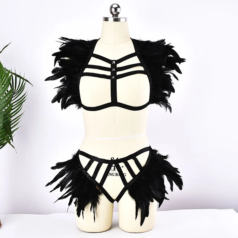 

Black Feathers Shoulder Harness Gothic Feather Cage Body Bra Harness Crop Top Wings Harness Set Feathers Bottom Panties Briefs