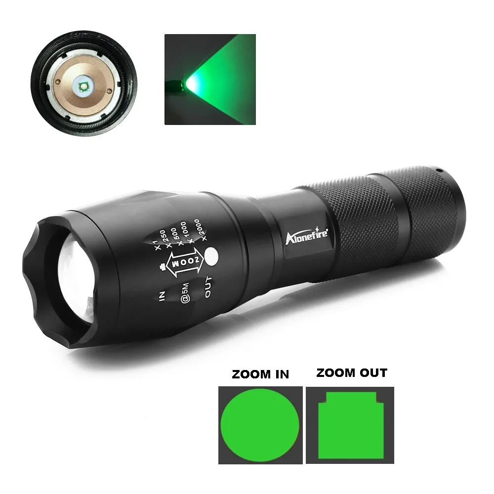 AloneFire E17 Green LED Light Tactical Flashlight Zoomable Spot Flood Light Torch Hunting Lamp with Pressure Switch