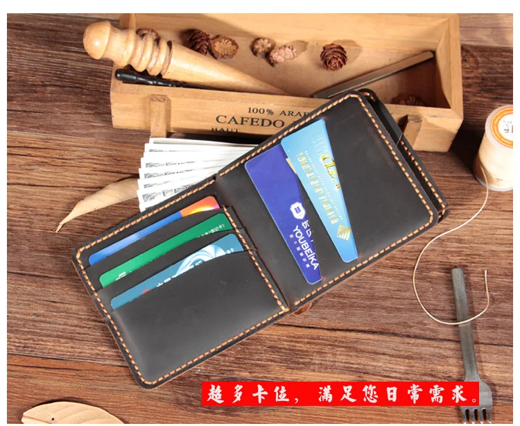 Handmade Vintage Crazy horse Genuine Leather Wallet Men Purse Leather Men wallet short style Male Money Holder Coin bag WF206