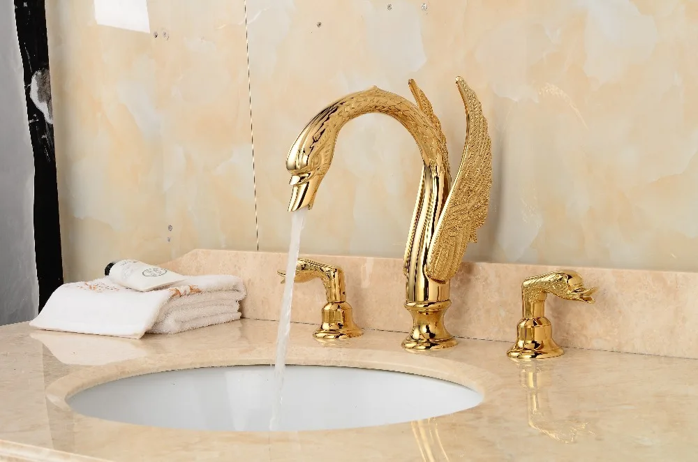 

Free shipping golden CLOUR 3 PIECE SINK SWAN FAUCET BATHROOM lav mixer tap FAUCET