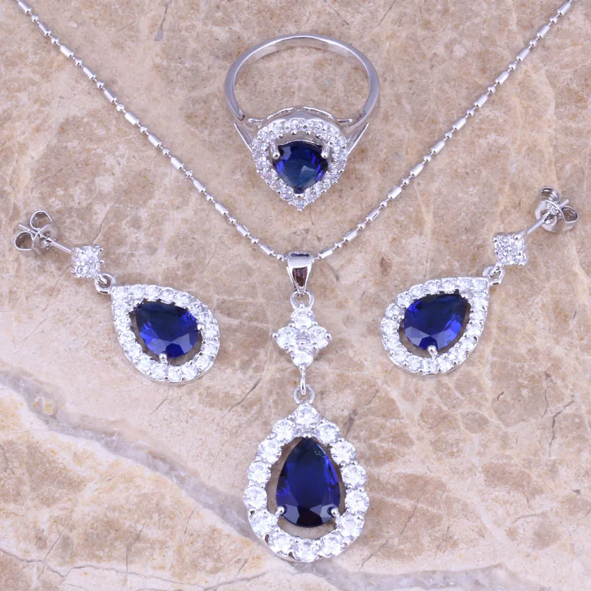 Blue Cubic Zirconia Silver Plated Jewelry Sets Earrings Necklace Pendant Ring Size 5 / 6 / 7 / 8 / 9 / 10 / 11 / 12 S0837