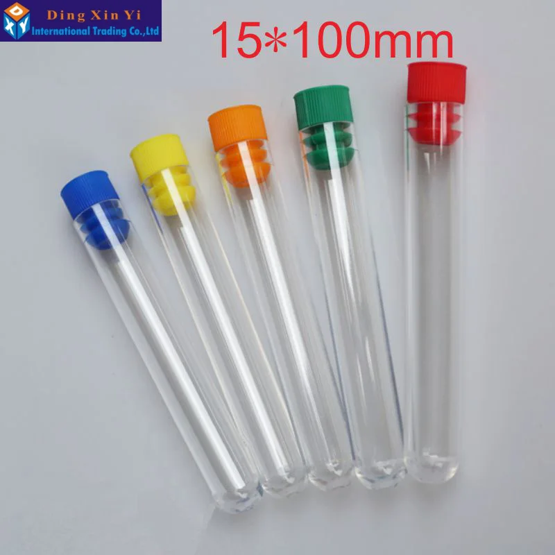 50pcs/lot 15*100mm High transparency plastic test tube with Stopper hard plastic tube polystyrene test tube The color can choose