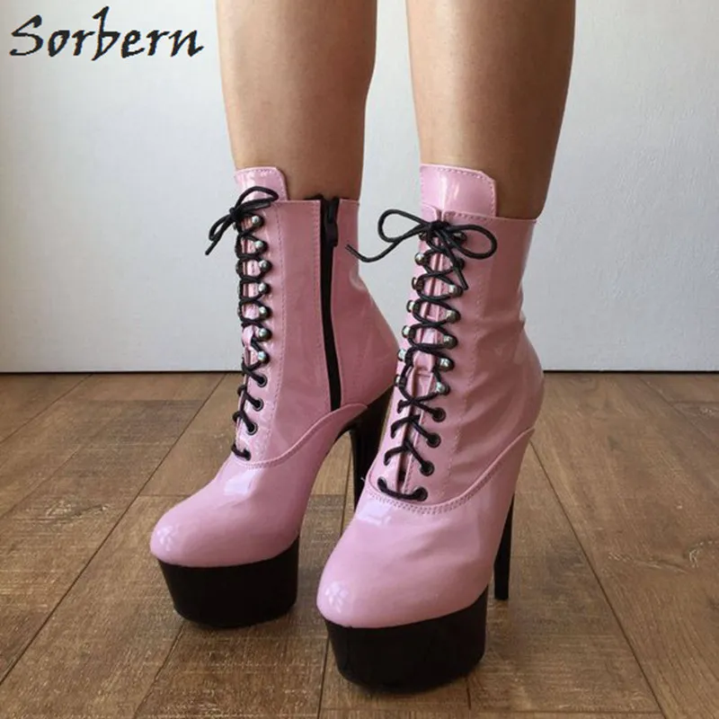 Sorbern Pink Shiny Ankle Boots For Women 15Cm High Heels Platform Reflective Heels Boots Female Punk Gothic Boots Custom Color