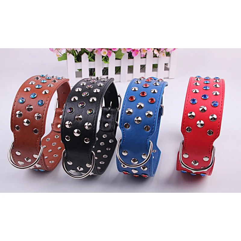 4 Colors Large Dog Collars Leather Dog Collar With Rhinestone Rivet For Golden retrievers mastiffs samoyeds German shepherd Ra