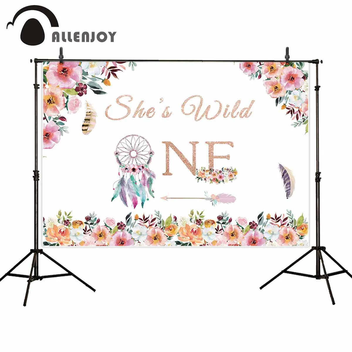 Allenjoy first birthday photo backdrop she's wild one Dreamcatcher flowers photography photographic background camera photobooth