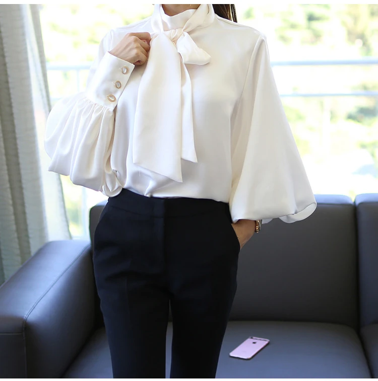 Vintage Blouse for Women, Bow Collar Shirts, OL Lantern Sleeve, Elegant Pearly Cufflink Shirts, SL105, New Tops