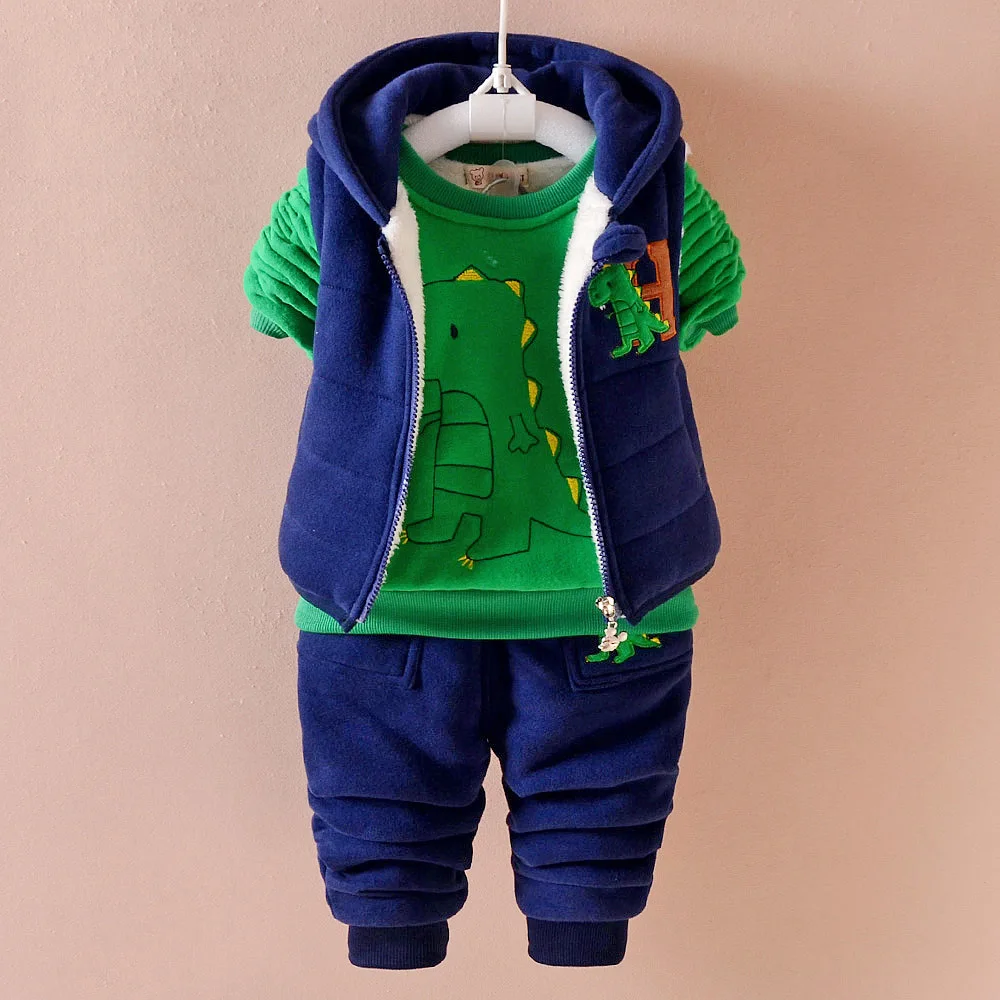 Winter thick Keep warm kids baby clothes sets fashion cotton Dinosaur boy girl Plus thick velvet three-pieces  children clothing