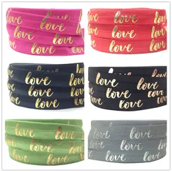 16MM Gold Silver Foil LOVE Print Fold Over Elastic 10Y FOE Satin Ribbon for DIY Headwear Bracelet Hair Accessory Wholesale