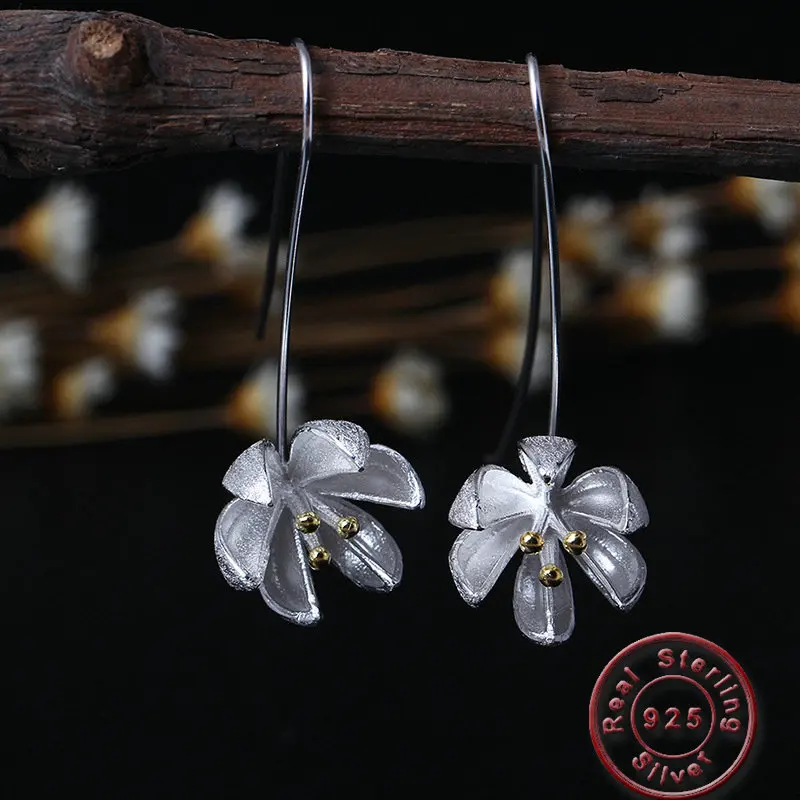 

Amxiu Handmade 925 Silver Flower Dangle Earrings Two Tones Color Hooks Earrings for Lovers Girls Wedding Party Jewelry Bijoux