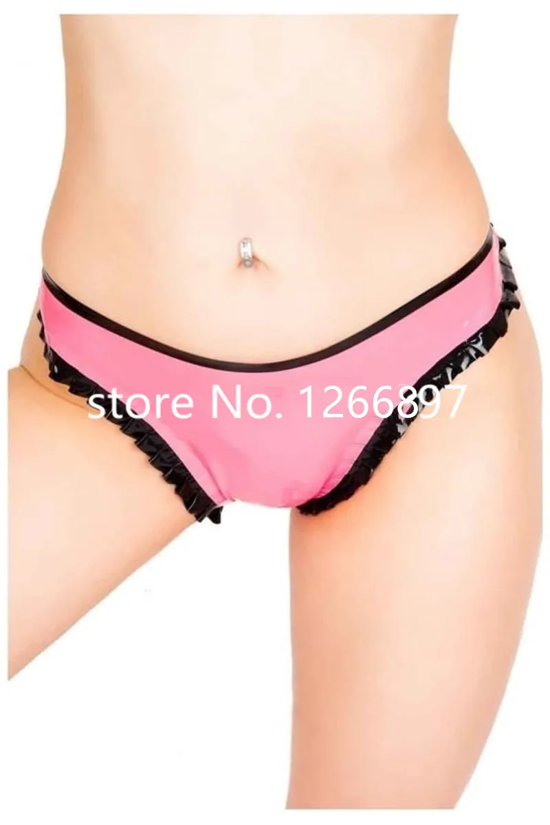 Free shipping Handmade Pink with Black Latex Rubber Thong with Ruffles Women Sexy Latex Briefs Handmade Shorts Lingerie