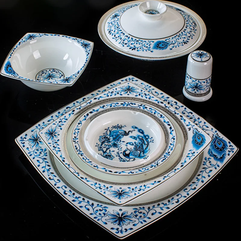 Jingdezhen Guci blue and white porcelain tableware 60 pieces porcelain dishes  household porcelain wedding housewarmin