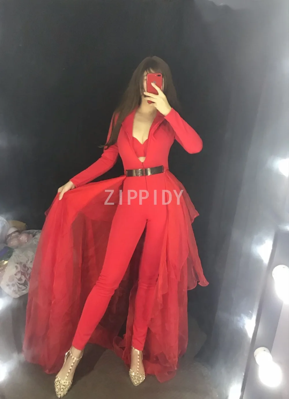 Maniche Lunghe di modo Delle Donne Rosse Di Compleanno Vestiti DS Danza Tuta Della Maglia Del Reggiseno Coda Vestito Cantante di Nightclub Stage Show Vestito