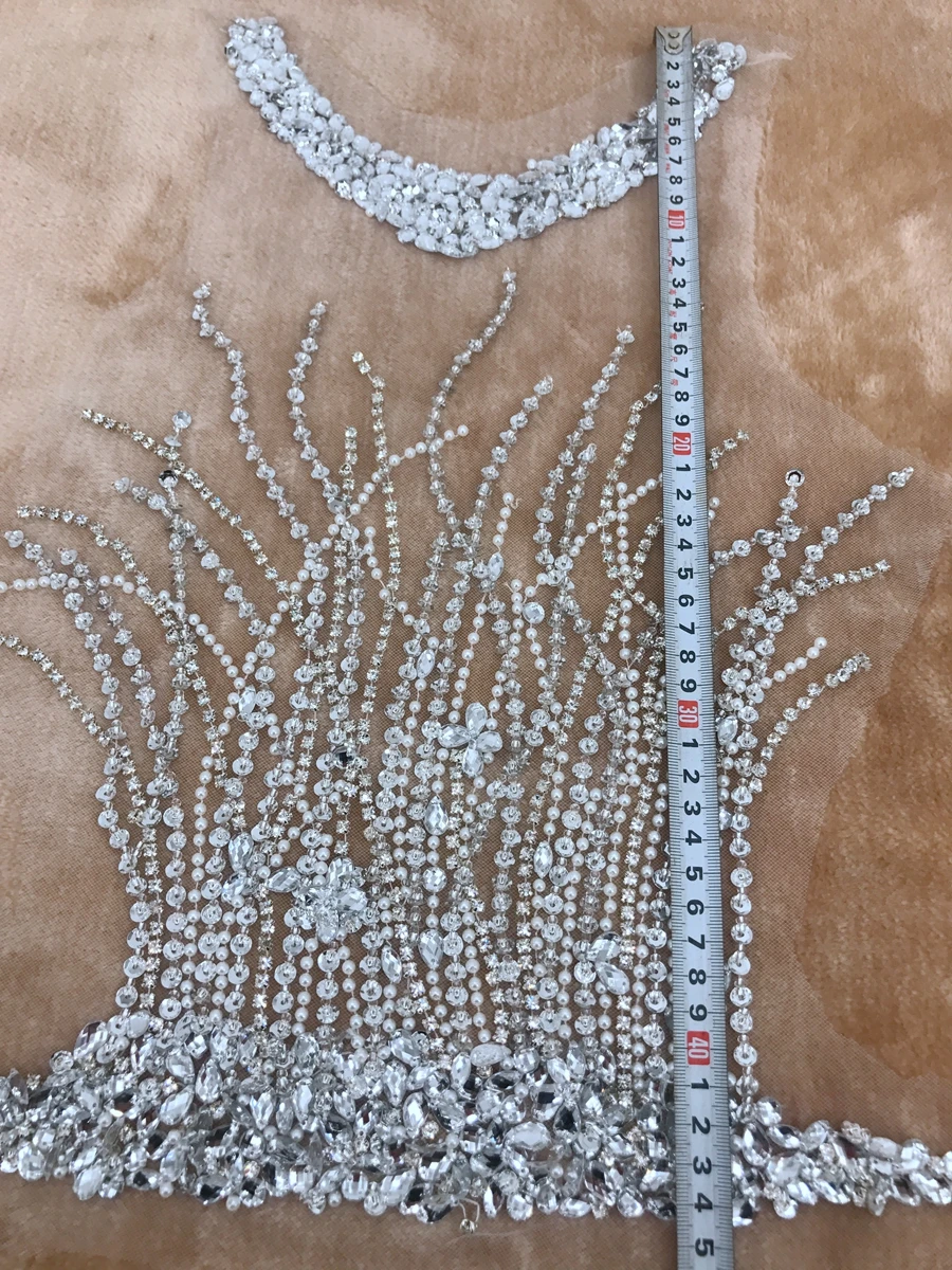 handmade silver sew on silver hinestones applique on mesh peal  crystals trim patches 30*44cm for wedding  dress  accessories