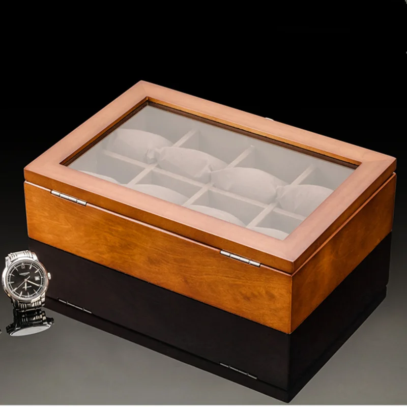 8 Slots Wood Watch Box Organizer Luxury Watch Holder With Glass Window Mens Wrist Watch Display Black Watch Cabinet