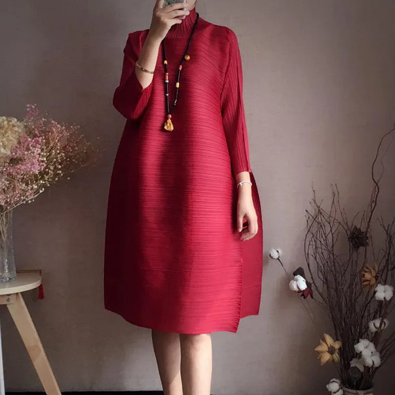 

2019 female new autumn plus size pleated temperament M-long A style loose dress