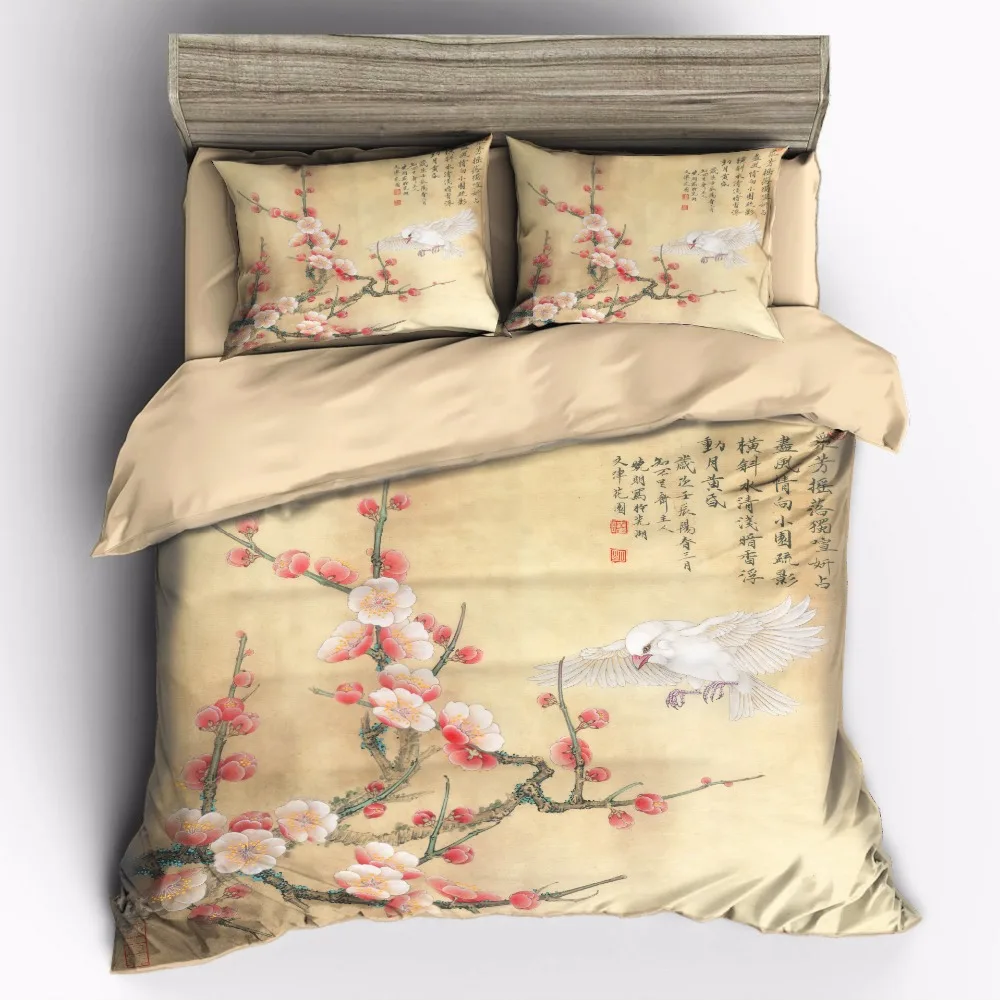 AHSNME Chinese Ink Painting Spring Plum Duvet Cover Sets 100% Microfiber Bedding Set 3pcs