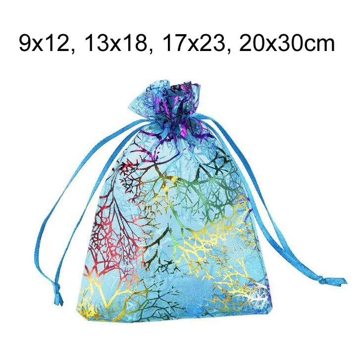 

100pcs/lot 9x12, 13x18, 17x23, 20x30 cm Gauze Yarn Coral Pattern Organza Drawstring Pouches Christmas Gift Packaging Bags