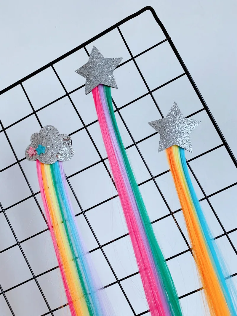 

Boutique ins 15pcs Fashion Cute Glitter Star/Angel Wings/Cloud W Rainbow Color Wigs Hairpins Hair Clips Princess Party Headwear