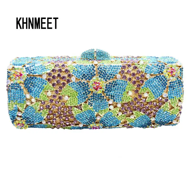 KHNMEET Golden green Bridal clutch bag long shape flower pattern plated alloy diamante women clutch purse evening bag SC151