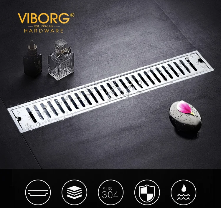 VIBORG 800mm x 100mm Deluxe 304 Stainless Steel Extra-thick Rectangular Bathroom Shower Linear Floor Drain Drainage Stainer