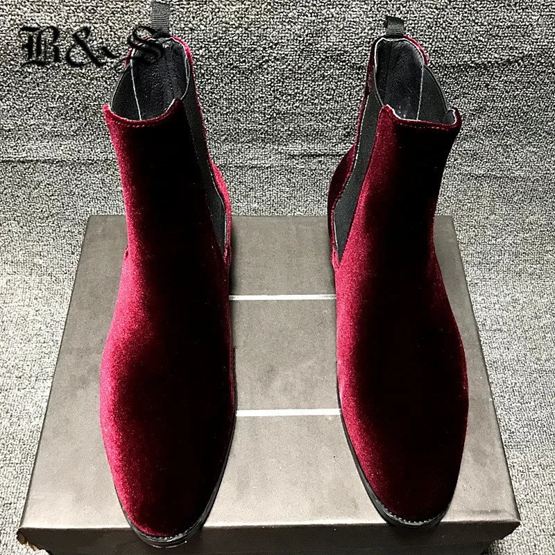 

Black& Street Men wine red velvet genuine leather gentlemen dress business wedding Chelsea Boots British style west season Boots