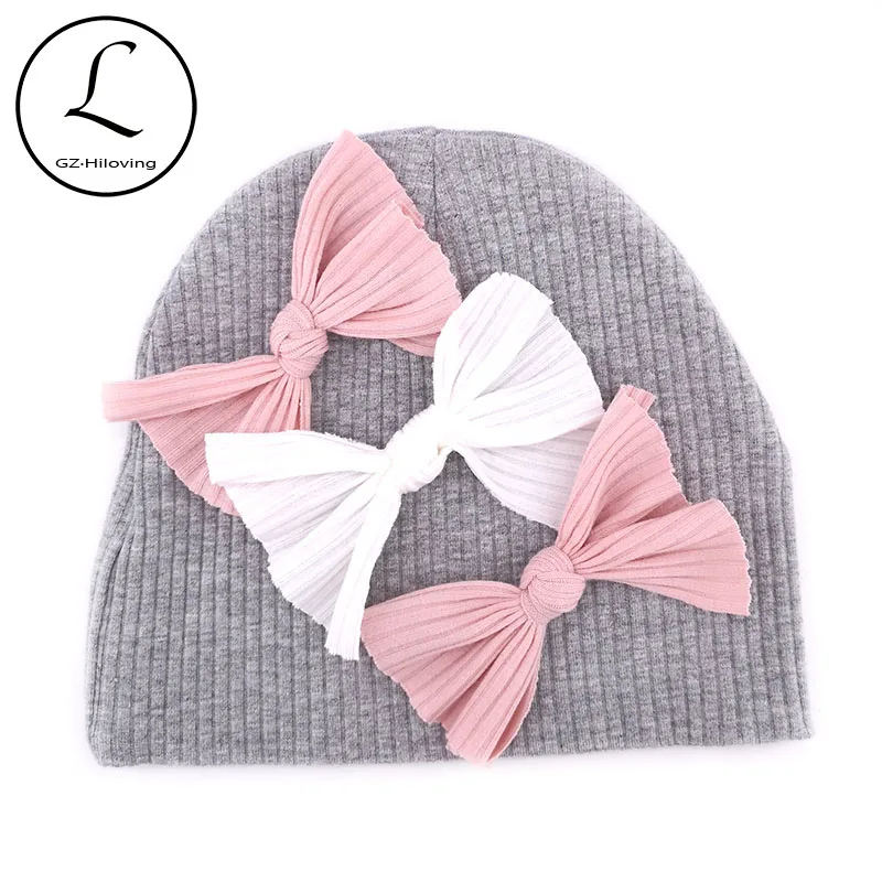 

Soft Newborn Baby Girls Boys 3 pcs Bows Cotton Ribbed Beanies Hats Autumn Winter Baby Kids Hats New Born Gifts Hair Accessories