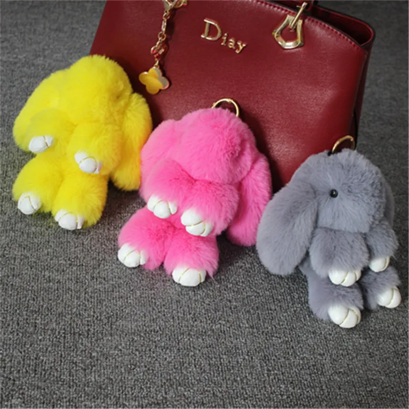 Fluffy 18cm Faux Rex Rabbit Fur Keychain Pompom Bunny Keyring Trinket Hare Toy Car Key Ring Doll Women Bag Charms Party Gift