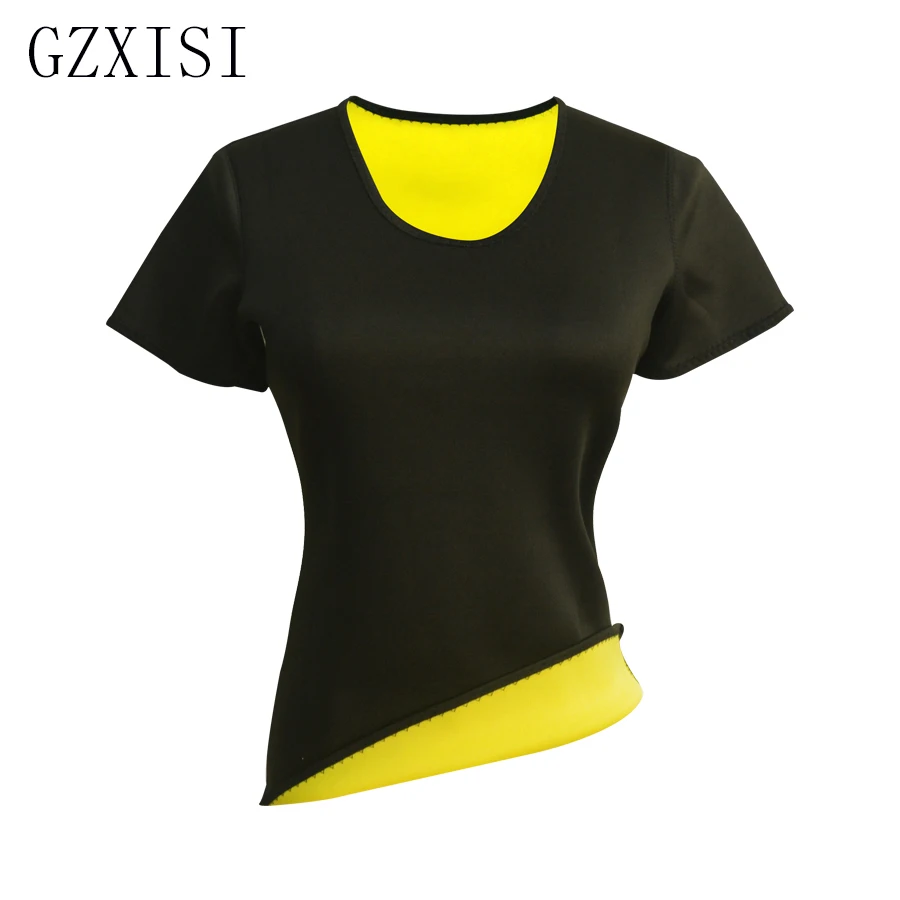 Hot Neoprene Women Short Sleeve T-Shirt Casual Tops Ladies Super Stretch Neoprene Slimming Waist Belts Body Shaper Vest