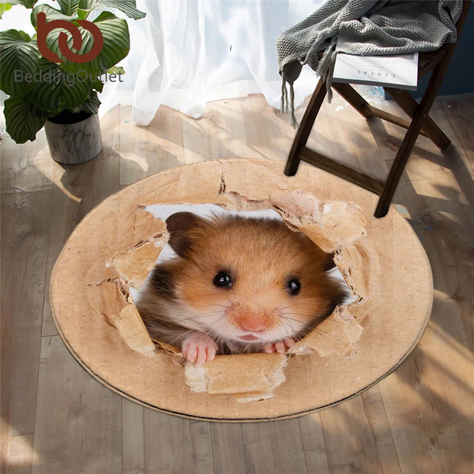 BeddingOutlet Hamster Round Carpet Papery Printing Area Rugs 3D Vivid Brown Mouse Floor Mat Lovely Animal Non-slip tapetes 100cm