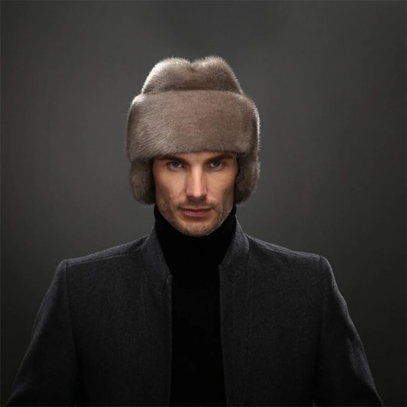 IANLAN French Mens Full-pelt Mink Bomber Hats Real Mink Fur Earmuffs Hats Solid Winter Outdoor Warm Hats IL00237