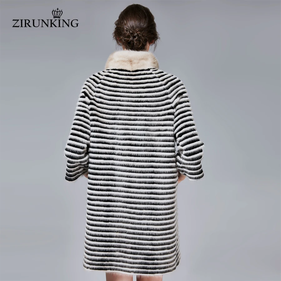 ZIRUNKING Classic Real Mink Fur Coat Female Long Natural Knitted Stripe Parka Autumn Warm Slim Shuba Fashion Clothing ZC1706